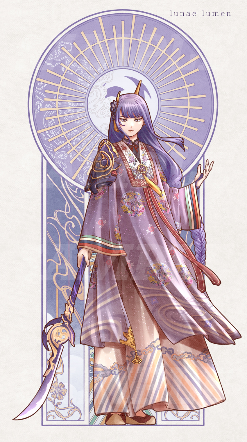 alternate_costume, armor, artist_name, blunt_bangs, closed_mouth, dress, electro_symbol_(genshin_impact), english_commentary, engulfing_lightning_(genshin_impact), full_body, genshin_impact, hair_down, hair_ornament, highres, holding, holding_polearm, holding_weapon, japanese_clothes, long_hair, long_sleeves, mitsudomoe_(shape), mole, mole_under_eye, polearm, purple_hair, raiden_shogun, shoulder_armor, standing, straight_hair, tomoe_(symbol), vietnam, vietnamese_clothes, violet_eyes, vylecgc, weapon, wide_sleeves