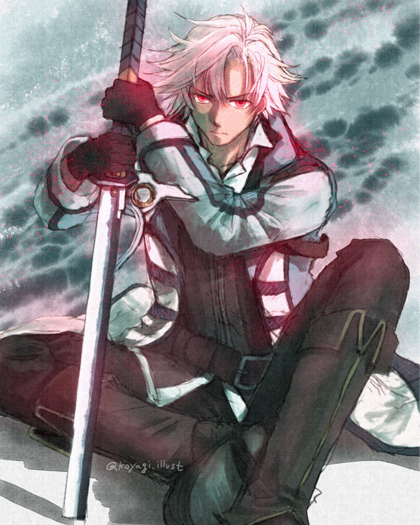 1boy, black_gloves, black_pants, boots, closed_mouth, coat, commentary_request, curtained_hair