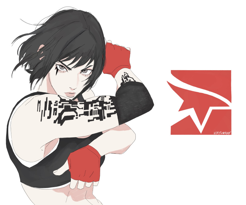 1girl, absurdres, black_hair, elbow_pads, eye_tattoo, facial_tattoo, faith_connors, gloves