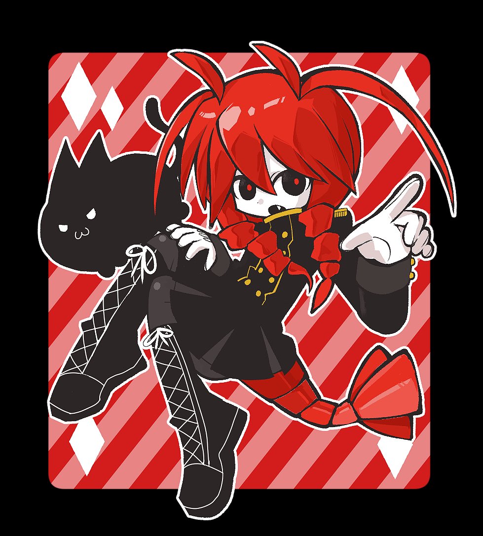 1girl, antenna_hair, black_boots, black_border, black_jacket, black_skirt, boots, border