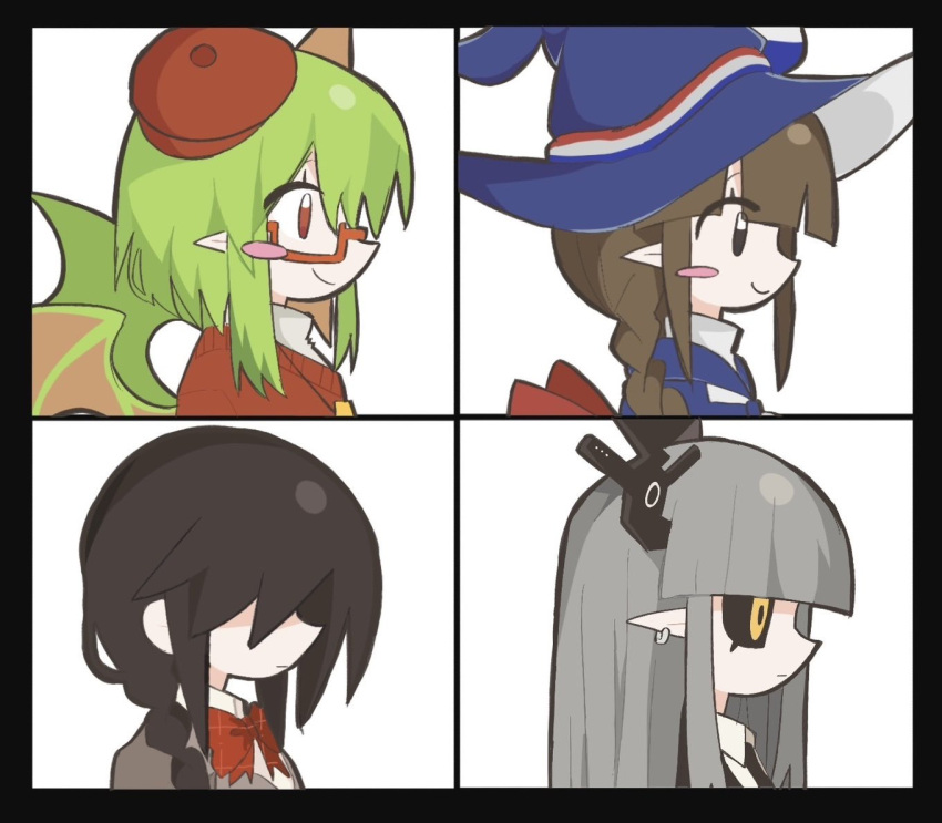 4girls, album_cover, beret, black_border, black_eyes, black_hair, black_necktie, black_sclera, black_vest, blue_hat, blunt_bangs, blush_stickers, border, bow, bowtie, braid, brown_hair, brown_jacket, closed_mouth, collared_shirt, colored_sclera, commentary_request, cover, demon_days_(gorillaz), demon_girl, demon_wings, earrings, expressionless, from_side, funamusea, gorillaz, green_hair, grey_hair, haiiro_teien, hair_over_eyes, hat, hime_cut, horns, jacket, jewelry, kigihara, kurai_yonaka, kurotsuno, long_hair, mogeko_castle, multiple_girls, necklace, necktie, oounabara_to_wadanohara, orange_eyes, pale_skin, parody, plaid_bow, pointy_ears, red_bow, red_bowtie, red_eyes, red_hat, red_sweater, shirt, short_hair, sidelocks, single_blush_sticker, single_horn, smile, sutare_yume, sweater, twin_braids, vest, wadanohara, white_shirt, wings, witch, witch_hat, yosafire_(funamusea)