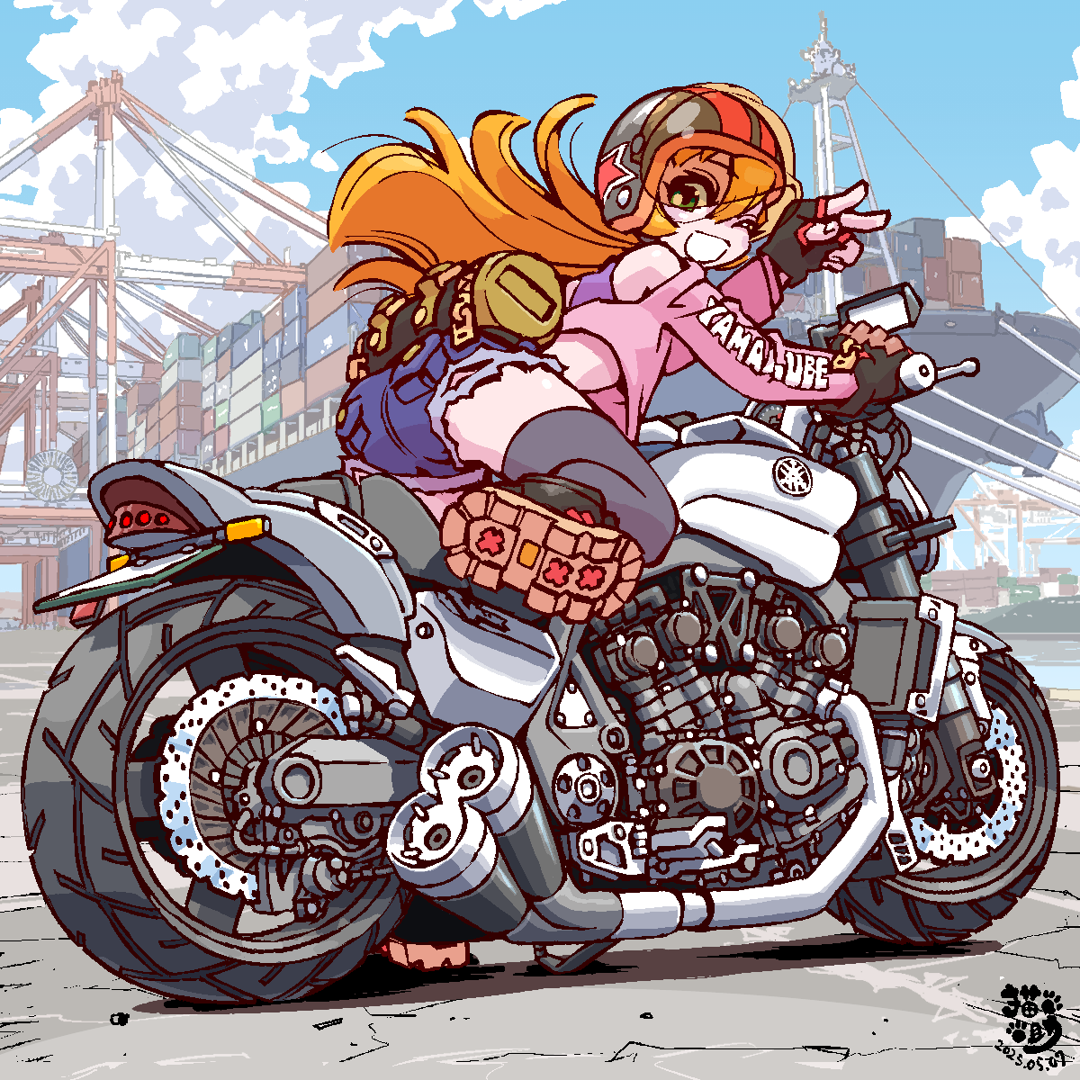 1girl, bicycle, blue_eyes, boots, crane_(machine), dock, drydock, exhaust_pipe, harbor, helmet, highres, leaning_against_motorcycle, looking_at_viewer, motor_vehicle, motorcycle, motorcycle_helmet, necosuke, on_motorcycle, one_eye_closed, original, red_hair, riding, ship, shipping_container, shipyard, v, watercraft, yamaha, yamaha_v-max