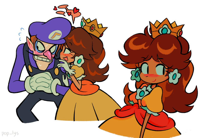 1boy, 1girl, commentary, crown, dark-skinned_female, dark_skin, dress, english_commentary