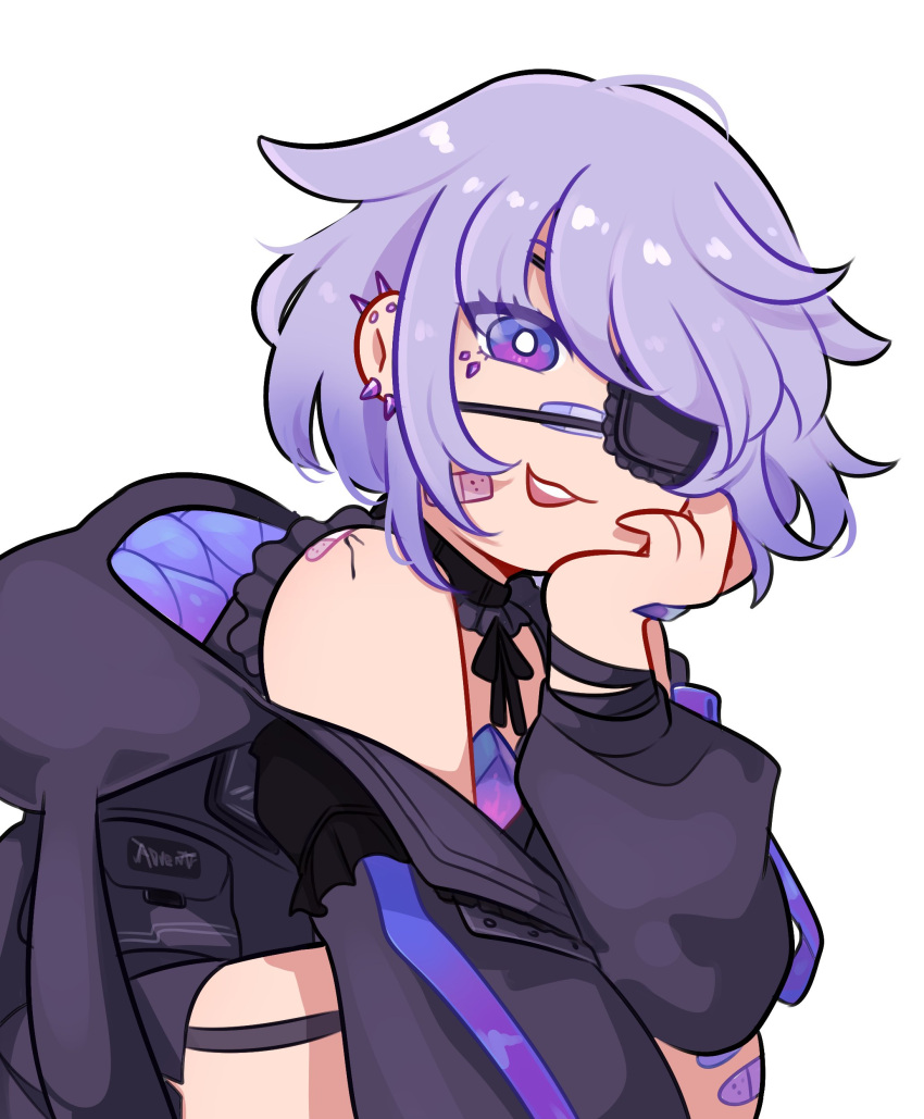 1girl, :3, :d, absurdres, arm_rest, bandaid, bandaid_on_cheek, bandaid_on_face, bandaid_on_knee, bandaid_on_leg, bandaid_on_nose, chest_jewel, commentary, ear_piercing, english_commentary, gem, hand_jewel, hand_on_own_cheek, hand_on_own_face, highres, hololive, hololive_english, jacket, jacket_partially_removed, jewel_under_eye, koseki_bijou, koseki_bijou_(casual), lace-trimmed_eyepatch, long_sleeves, looking_at_viewer, multiple_piercings, official_alternate_costume, official_alternate_hairstyle, one_eye_covered, open_mouth, oversized_clothes, piercing, purple_gem, purple_hair, quilted_jacket, qwoisan, short_hair, simple_background, smile, solo, spiked_ear_piercing, squatting, teeth, upper_teeth_only, violet_eyes, white_background