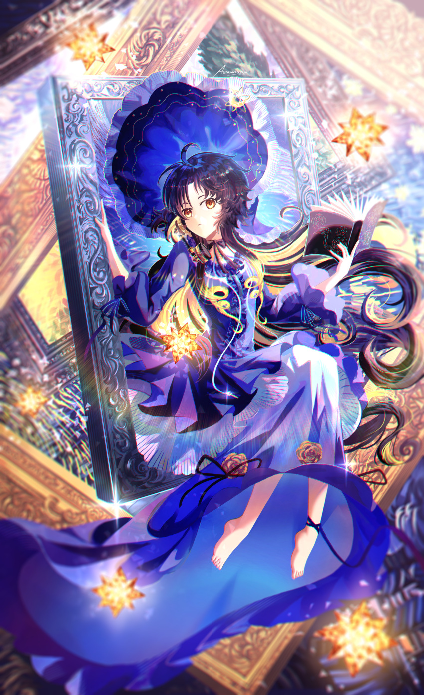1girl, absurdres, antique_phone, artist_name, astrovique, barefoot, black_bow, black_hair