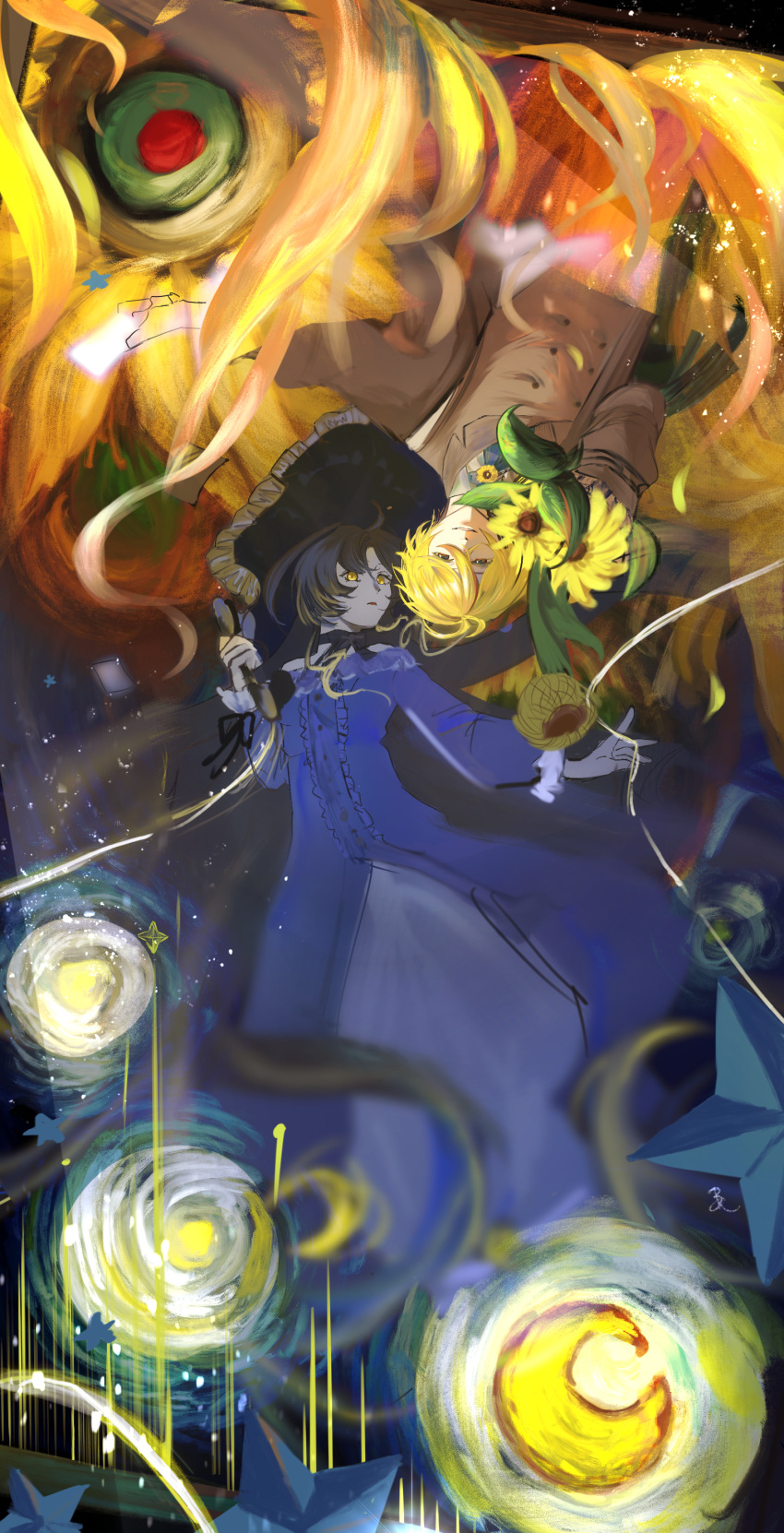 1boy, 1girl, absurdres, black_hair, blonde_hair, blue_dress, bonnet, brown_coat