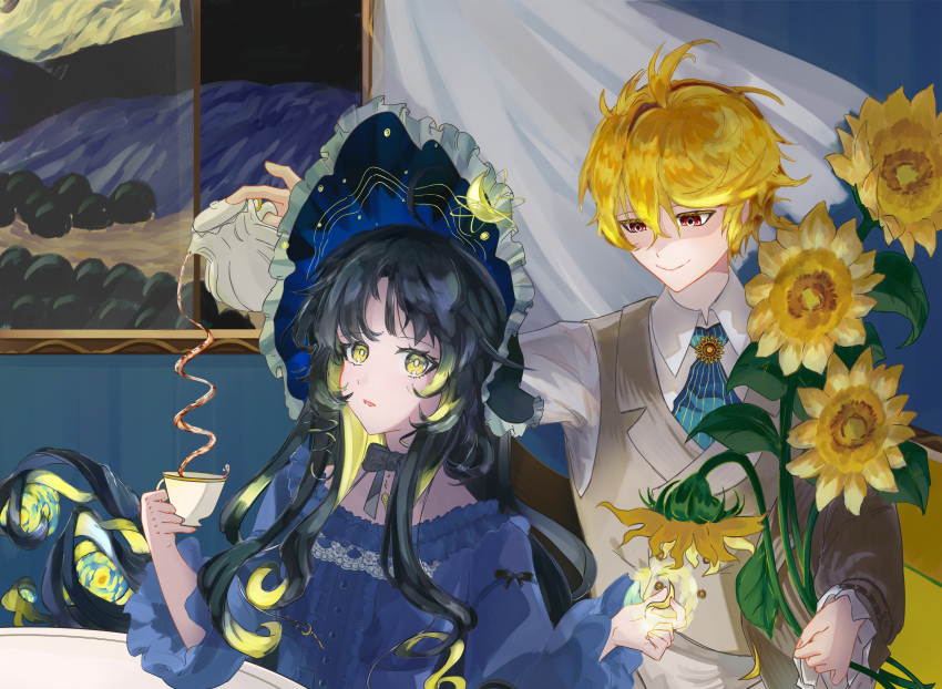1boy, 1girl, absurdres, ascot, black_bow, black_hair, blonde_hair, blue_dress