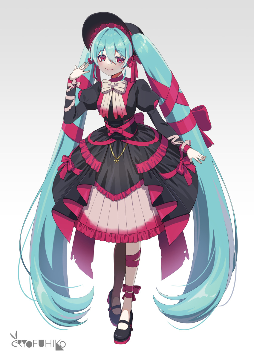 1girl, aqua_hair, artist_name, back_bow, bandaged_arm, bandaged_fingers, bandages, black_dress