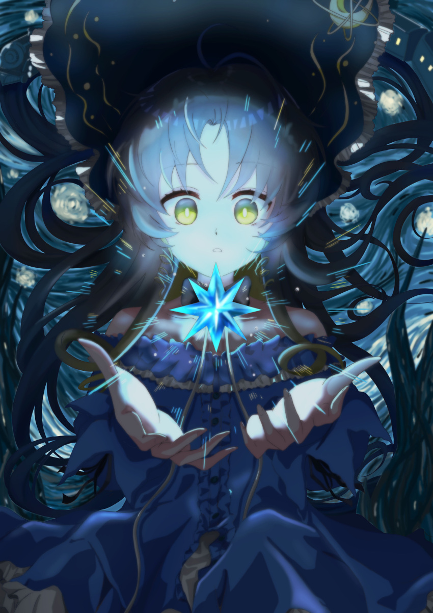1girl, absurdres, bare_shoulders, black_bow, black_bowtie, black_hair, blue_dress, bonnet