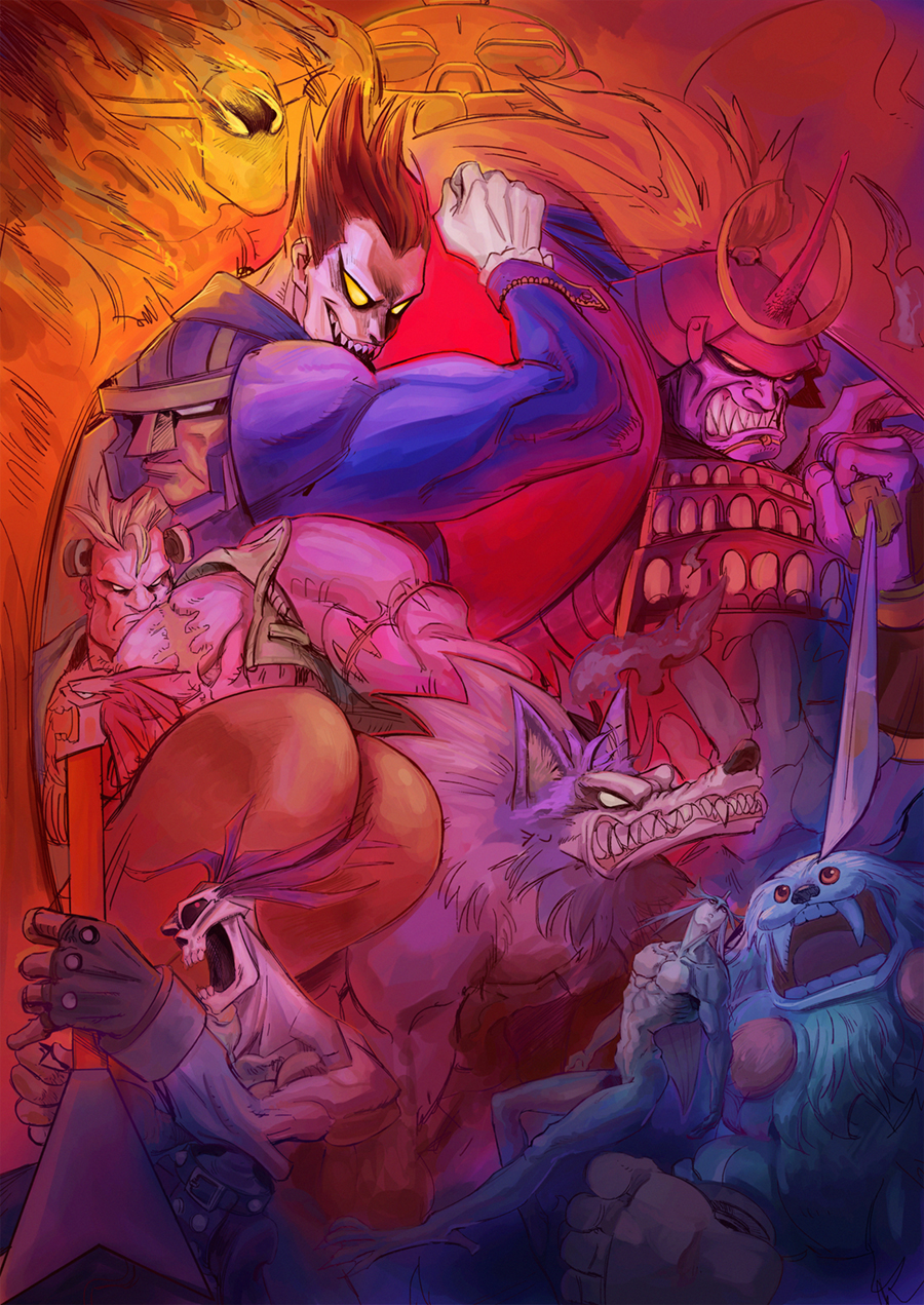 6+boys, alien, anakaris, armor, ass, beard, betofu, bishamon_(darkstalkers)