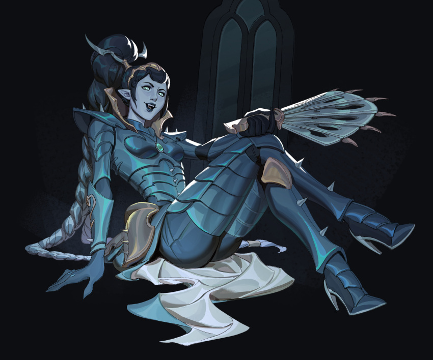 1girl, absurdres, armor, asphodelles_art, aurelia_malys, black_hair, blue_lips, blue_skin