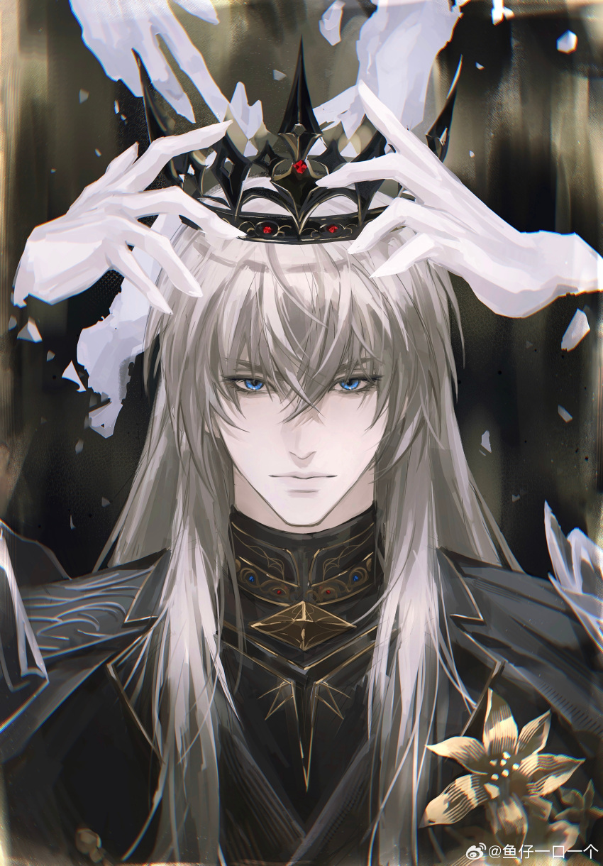 1boy, absurdres, aegyo_sal, alternate_hair_length_(longer), aqua_eyes, black_crown, black_jacket, chinese_commentary