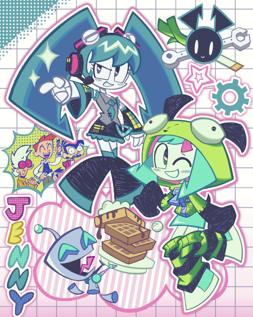2girls, 3boys, brad_carbunkle, character_name, cosplay, crossover, food, gir_(invader_zim), gir_(invader_zim)_(cosplay), gir_hoodie, hatsune_miku, hatsune_miku_(cosplay), highres, invader_zim, jenny_wakeman, multiple_boys, multiple_crossover, multiple_girls, my_life_as_a_teenage_robot, noreen_wakeman, robot, sheldon_oswald_lee, tuck_carbunkle, vocaloid, waffle, wormz1lla