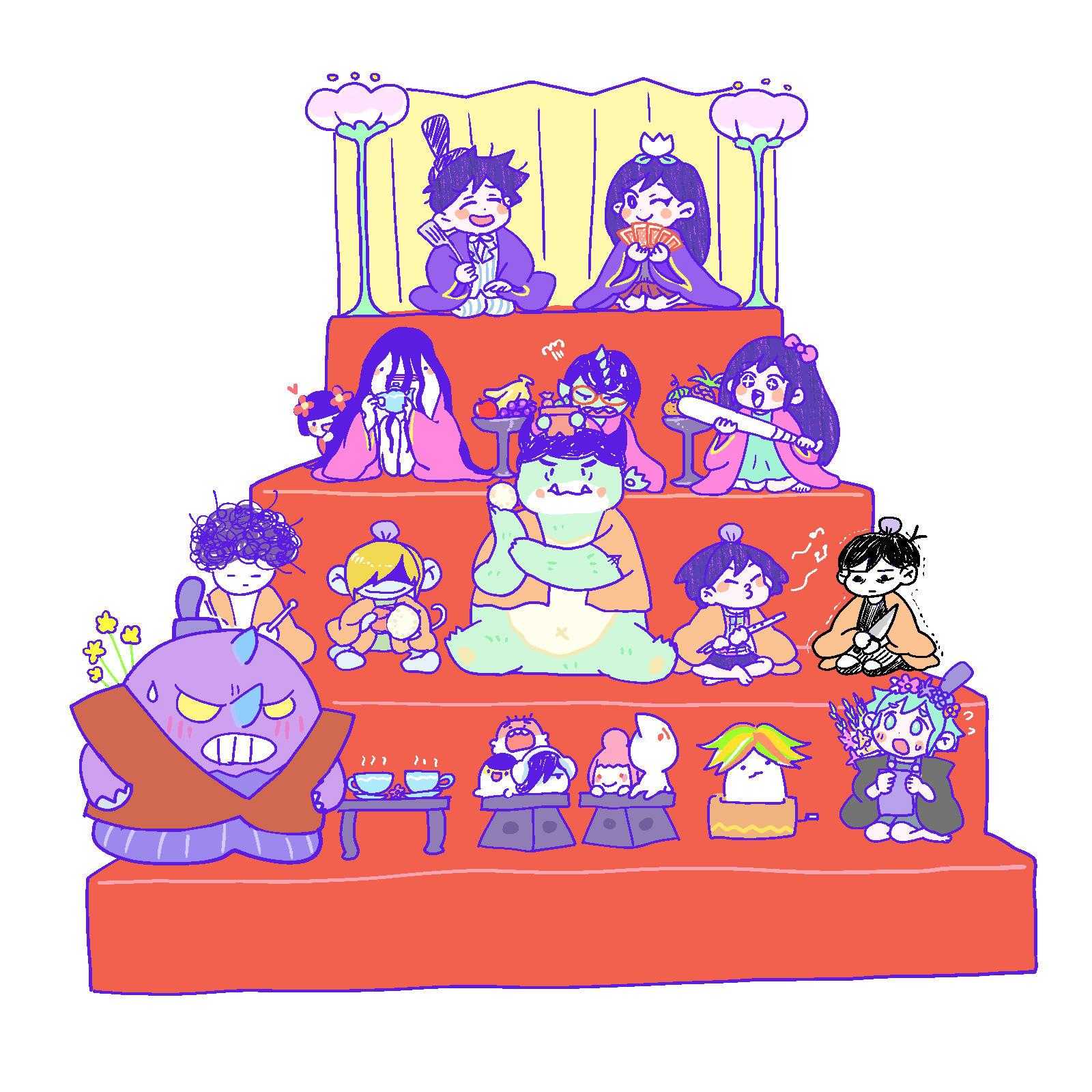 +_+, 6+boys, 6+girls, alternate_costume, antenna_hair, aubrey_(headspace)_(omori), aubrey_(omori), bangs_(omori), baseball_bat, basil_(headspace)_(omori), basil_(omori), berly_(omori), black_eyes, black_hair, black_shorts, black_tank_top, blonde_hair, blue_overalls, blue_pajamas, blue_pants, blue_shirt, blush, boss_(omori), bow, brother_and_sister, brothers, brows_(omori), bun_(omori), card, chibi, chibi_only, closed_eyes, closed_mouth, collared_pajamas, colored_skin, commentary, cup, daisy_(omori), double-parted_bangs, drillramen, english_commentary, fangs, fangs_out, flower, flower_wreath, flying_sweatdrops, glasses, green_eyes, green_hair, hair_bow, happy_(omori), head_wreath, headphones, heart, hero_(headspace)_(omori), hero_(omori), highres, holding, holding_card, holding_spatula, holding_teapot, jash_(omori), kel_(headspace)_(omori), kel_(omori), long_hair, long_shirt, long_sleeves, looking_at_another, mari_(headspace)_(omori), mari_(omori), messy_hair, mikal_(omori), multiple_boys, multiple_girls, musical_note, neb_(omori), no_eyes, nose_(omori), omori, omori_(omori), one_eye_closed, open_mouth, overall_shorts, overalls, pajamas, pants, pink_bow, playing_card, puckered_lips, purple_hair, seiza, shaded_face, sharleen_(omori), sharp_teeth, shirt, short_hair, shorts, siblings, sidelocks, sitting, smile, spatula, striped_clothes, striped_pajamas, striped_pants, striped_shorts, sweatdrop, tank_top, teacup, teapot, teeth, two-tone_pajamas, two-tone_pants, two-tone_shorts, upper_teeth_only, van_(omori), vertical-striped_clothes, vertical-striped_pajamas, vertical-striped_pants, vertical-striped_shorts, violet_eyes, white_pajamas, white_pants, white_shorts, white_skin