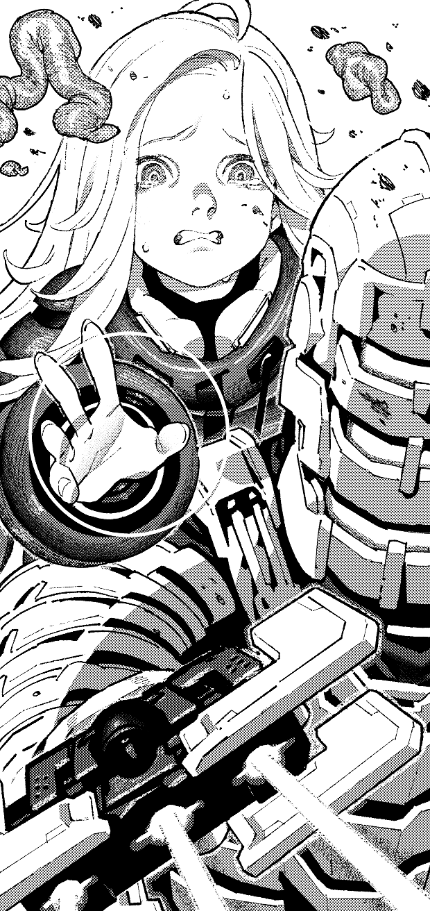 1boy, 1girl, ahoge, android, assault_visor, blood, blood_on_face, coat