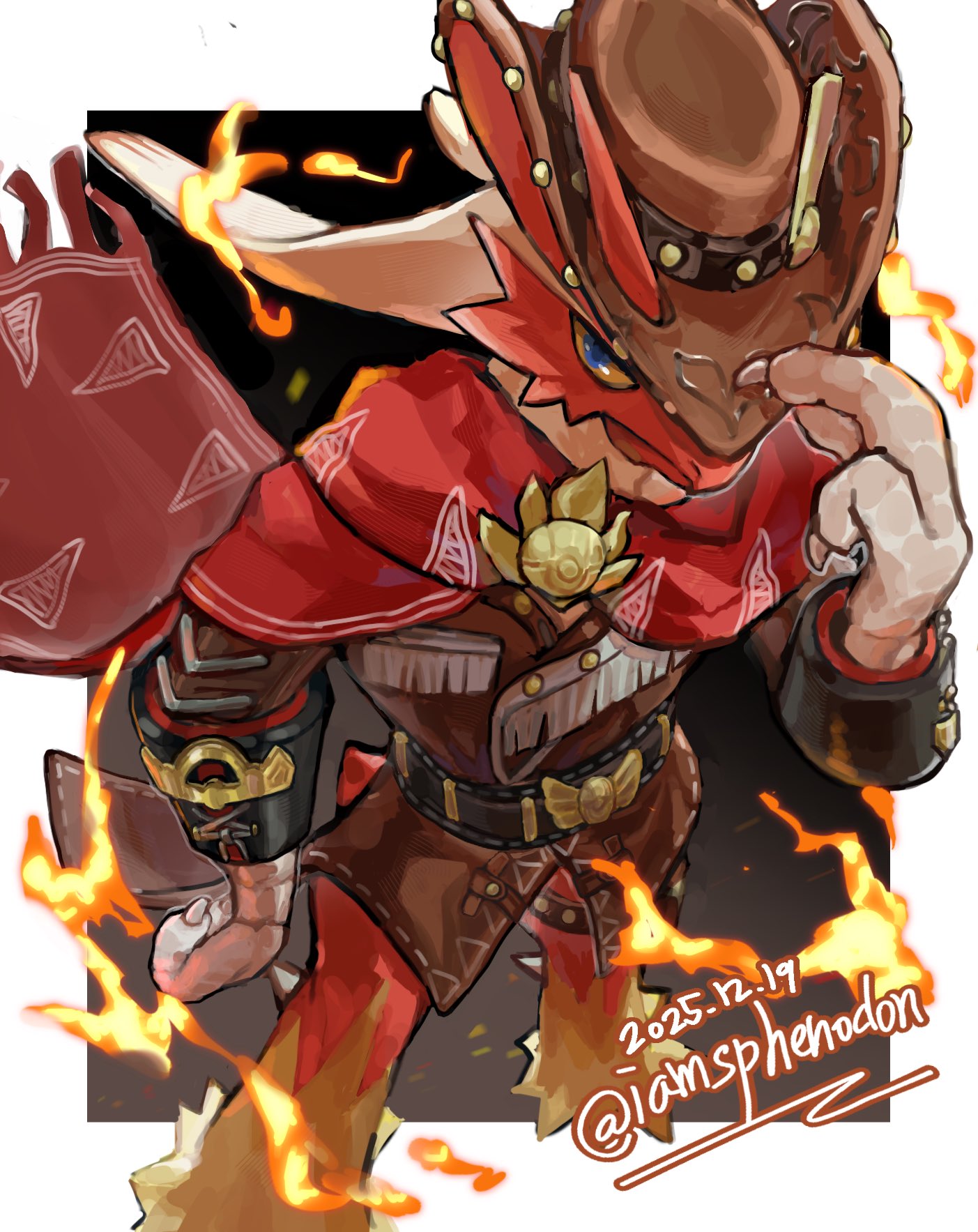 1other, badge, beak, black_background, blaziken, blaziken_(frontier), blonde_hair, blue_eyes