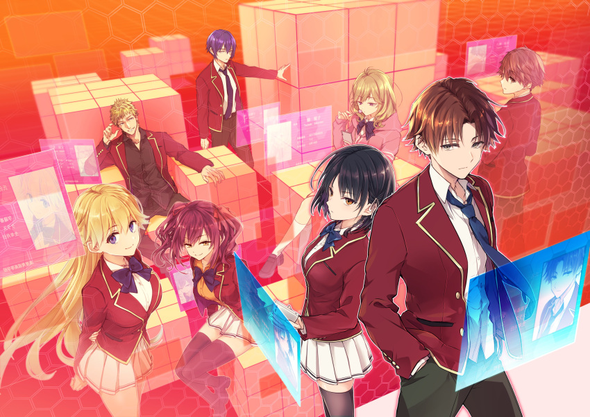4boys, 4girls, absurdres, advanced_nurturing_high_school_uniform, amasawa_ichika, antenna_hair, ayanokouji_kiyotaka, belt