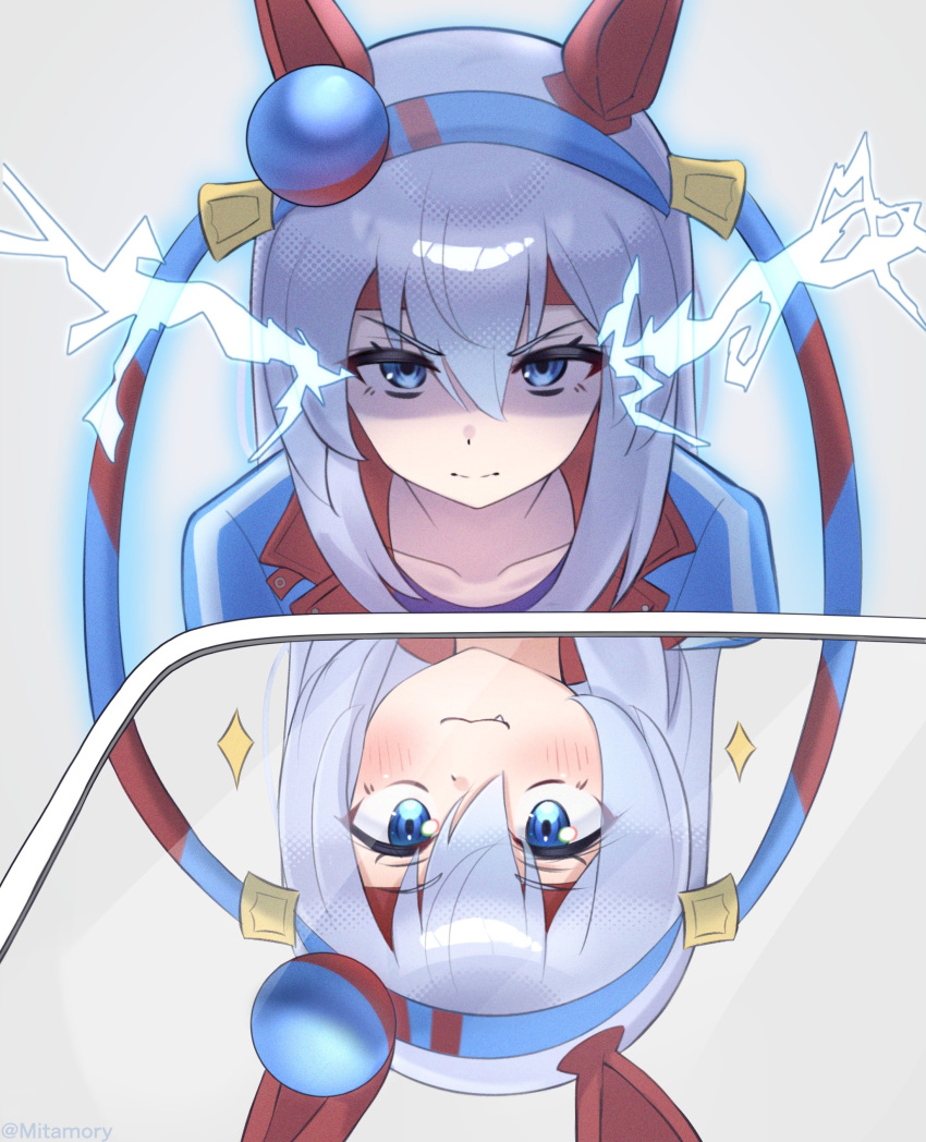 1girl, absurdres, animal_ears, blue_eyes, blue_hairband, blue_jacket, blue_sports_bra, blush, closed_mouth, collarbone, commentary, different_reflection, ear_covers, electric_eyes, electricity, eye_trail, fang, grey_hair, hair_between_eyes, hairband, headband, highres, horse_ears, horse_girl, it's_all_a_matter_of_angle_(meme), jacket, light_trail, long_hair, long_sleeves, looking_at_reflection, meme, mirror, mitamory, multicolored_hairband, red_headband, reflection, smile, sports_bra, striped_clothes, striped_hairband, tamamo_cross_(fast_as_lightning)_(umamusume), tamamo_cross_(umamusume), two-tone_hairband, umamusume, untranslatable_commentary, very_long_hair