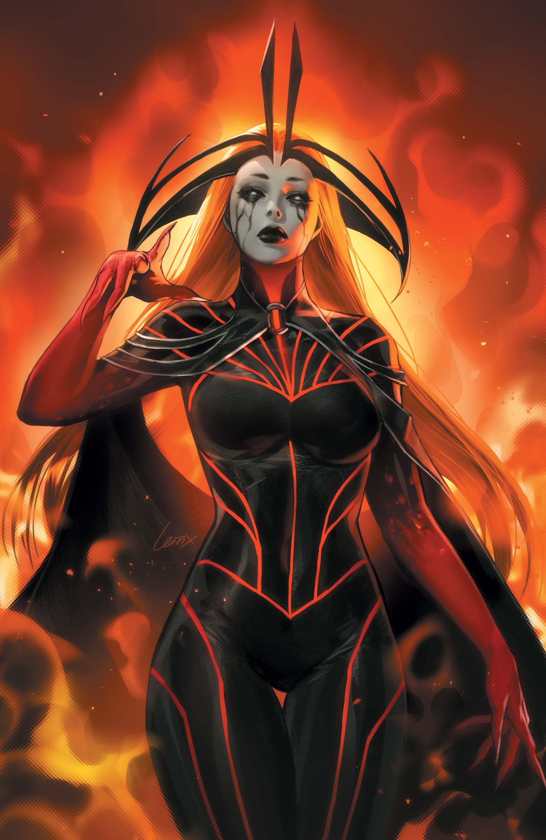 1girl, absurdres, artist_name, black_bodysuit, black_cape, black_headdress, black_lips, black_sclera, bodysuit, breasts, cape, closed_mouth, colored_sclera, comic_cover, cover, cover_page, cowboy_shot, embers, eyelashes, fingernails, gradient_clothes, hand_up, headdress, highres, leirix, lips, lipstick, long_fingernails, long_hair, looking_at_viewer, makeup, marvel, mascara, medium_breasts, multicolored_bodysuit, o-ring, official_art, orange_hair, pale_skin, red_bodysuit, runny_makeup, sharp_fingernails, signature, sister_sorrow, smoke, solo, standing, textless_cover_page, textless_version, thick_lips, white_eyes