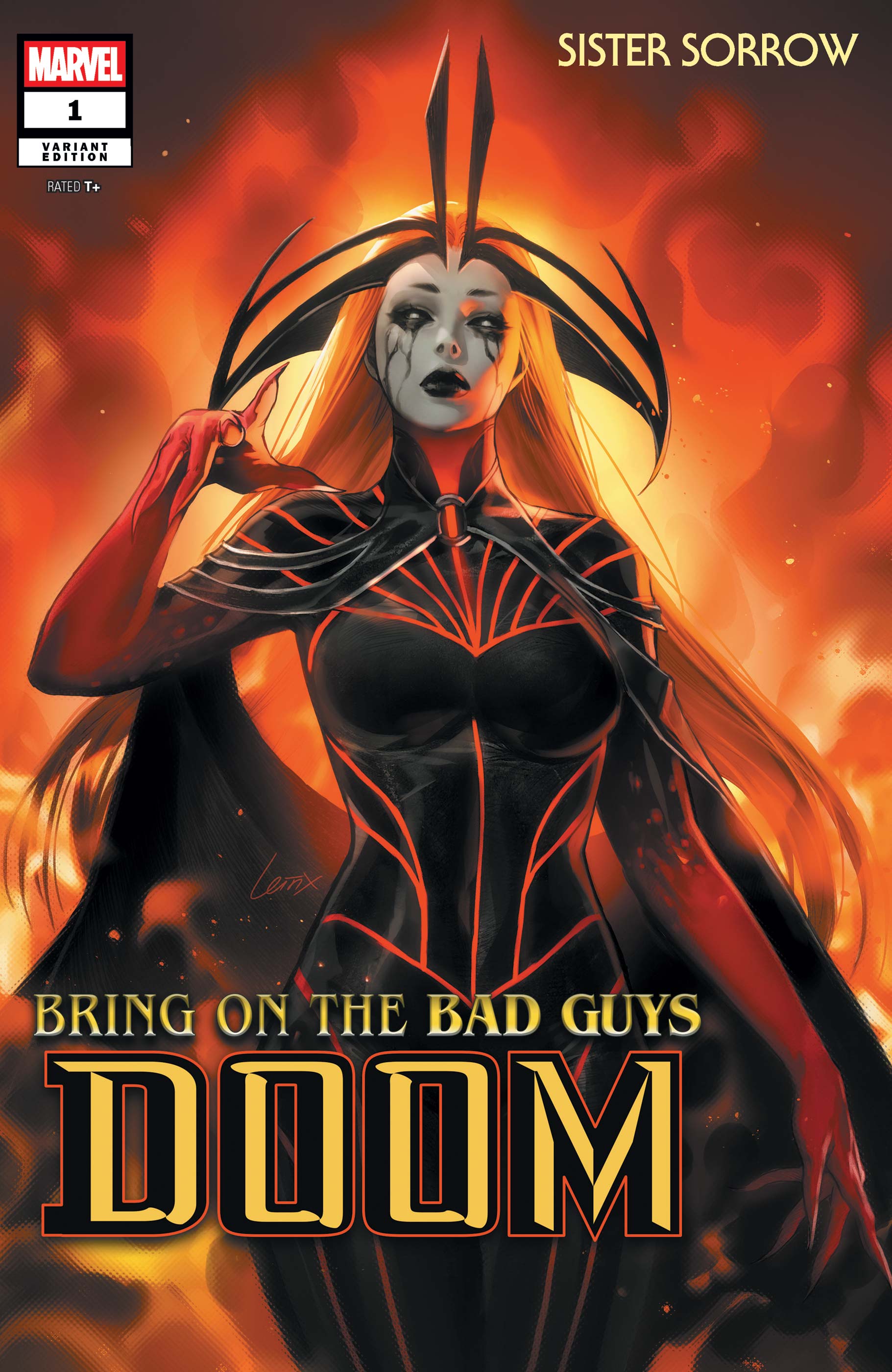 1girl, absurdres, artist_name, black_bodysuit, black_cape, black_headdress, black_lips, black_sclera, bodysuit, breasts, cape, character_name, closed_mouth, colored_sclera, comic_cover, company_name, copyright_logo, copyright_name, cover, cover_page, cowboy_shot, embers, english_text, eyelashes, fingernails, gradient_clothes, hand_up, headdress, highres, leirix, lips, lipstick, logo, long_fingernails, long_hair, looking_at_viewer, makeup, marvel, mascara, medium_breasts, multicolored_bodysuit, o-ring, official_art, orange_hair, pale_skin, red_bodysuit, runny_makeup, sharp_fingernails, signature, sister_sorrow, smoke, solo, standing, thick_lips, white_eyes