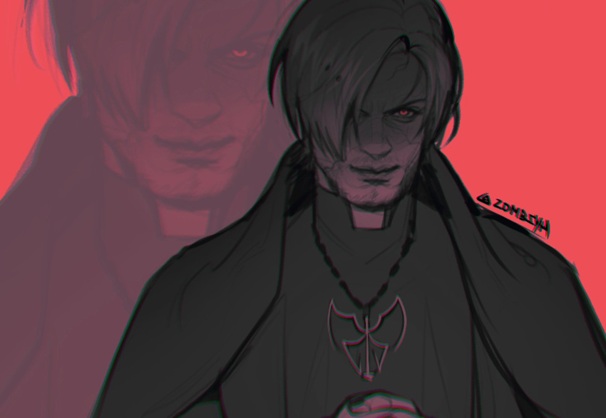 1boy, aegyo_sal, beard_stubble, belt_collar, cloak, collar, curtained_hair, facial_hair
