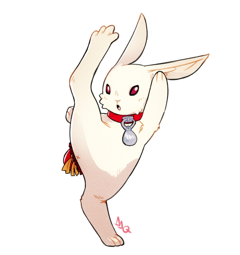 animal_collar, animal_focus, collar, commentary, demidevilqueen, english_commentary, guilty_gear, guilty_gear_strive, high_kick, kicking, no_humans, rabbit, red_eyes, simple_background, usagi_(guilty_gear), white_background, white_rabbit_(animal)