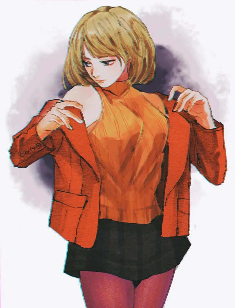 1girl, ashley_graham, bare_shoulders, blonde_hair, breasts, brown_pantyhose, closed_mouth, cowboy_shot, green_skirt, jacket, jacket_partially_removed, medium_breasts, mihael66, miniskirt, orange_sweater, pantyhose, plaid_clothes, plaid_skirt, red_jacket, removing_jacket, resident_evil, resident_evil_4, resident_evil_4_(remake), ribbed_sweater, short_hair, simple_background, skirt, sleeveless, sleeveless_sweater, sleeveless_turtleneck, solo, sweater, turtleneck