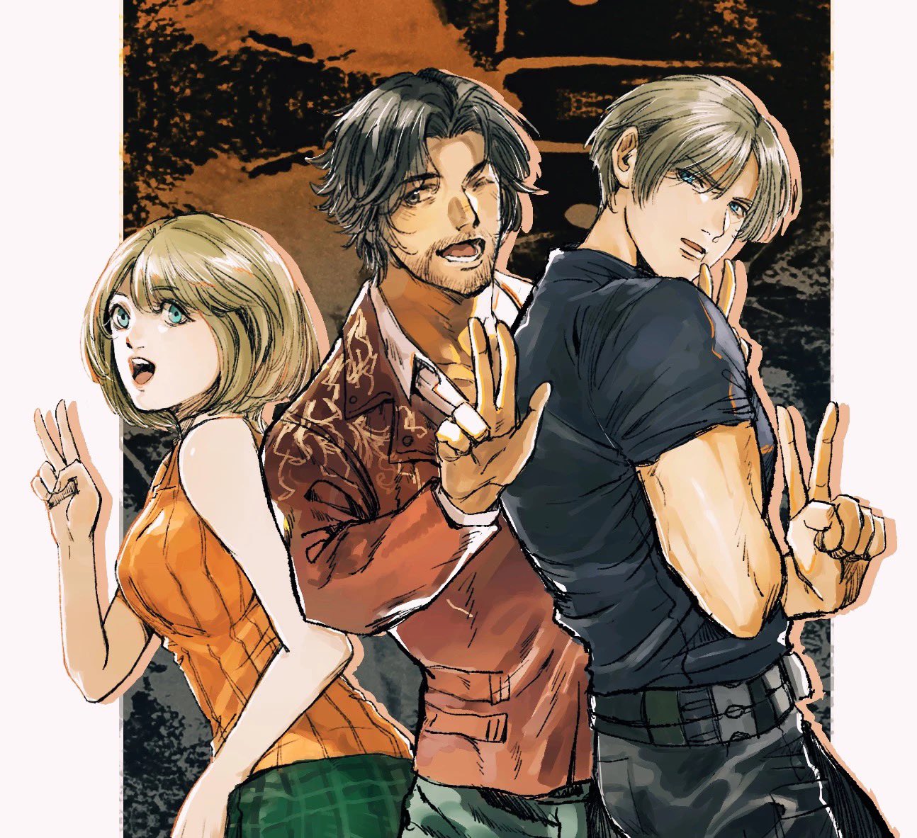 1girl, 2boys, ashley_graham, beard_stubble, black_hair, black_pants, black_shirt, blonde_hair