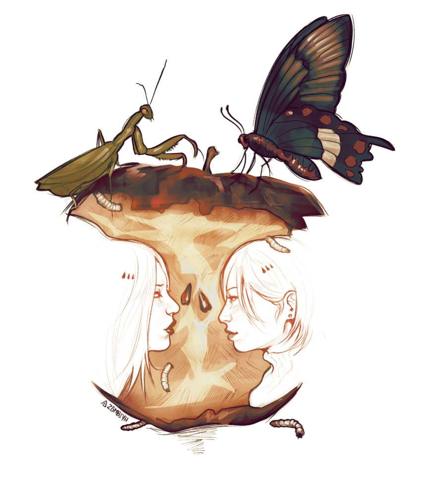 2girls, ada_wong, apple, apple_core, appletrend, bug, butterfly, commentary, english_commentary, food, from_side, fruit, grasshopper, highres, looking_at_another, multiple_girls, oc_x_canon, original, penni_(zombiyh), portrait, resident_evil, short_hair, sidelocks, smile, superimposition, worm, yuri, zombiyh