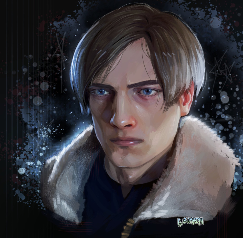 1boy, aegyo_sal, blank_stare, blue_eyes, blue_shirt, brown_hair, brown_jacket, commentary