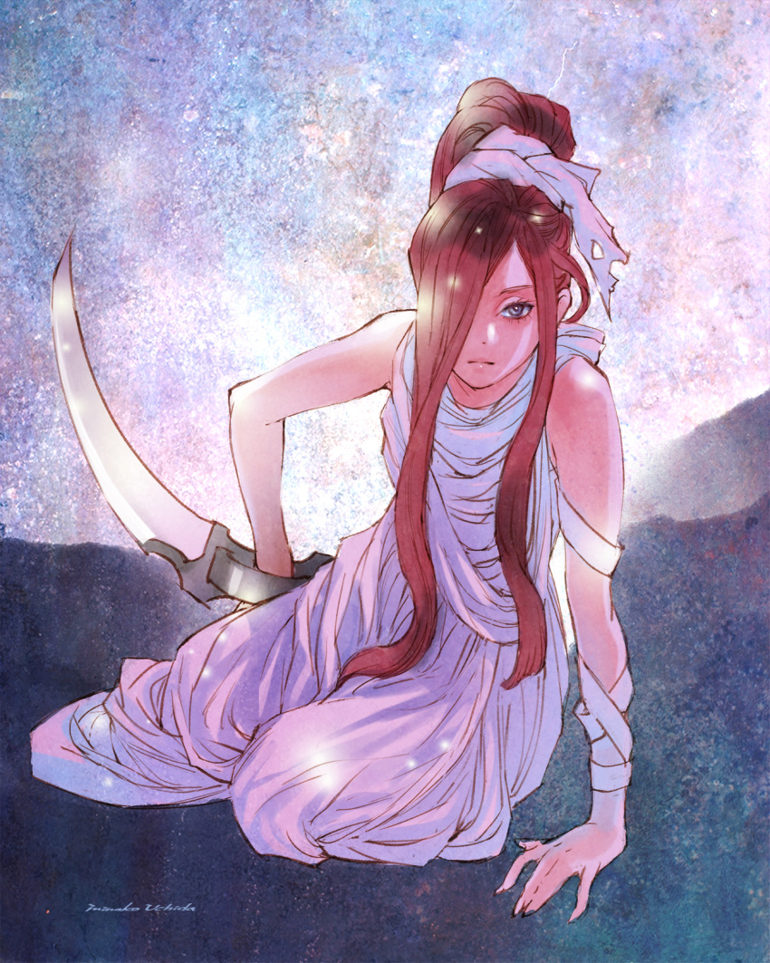 1girl, arm_support, arm_wrap, artist_name, asian_indian_clothes, blue_eyes, closed_mouth, clothing_request