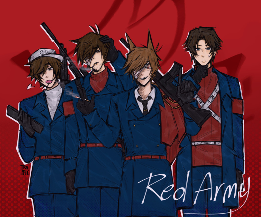 4boys, adapted_costume, aged_up, animification, antenna_hair, armband, assault_rifle, bad_id