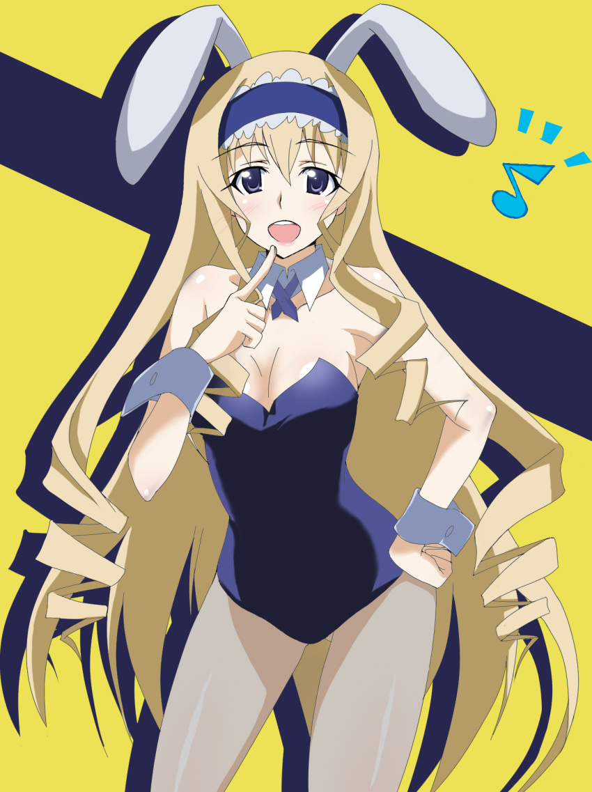 :d, animal_ears, blonde_hair, blue_eyes, bowtie, breasts, bunny_ears, bunny_girl