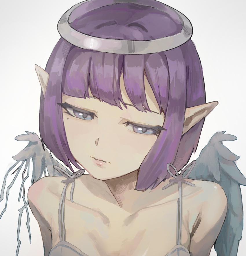 1girl, blue_eyes, breasts, churiro_art, closed_mouth, grey_halo, grey_wings, halo
