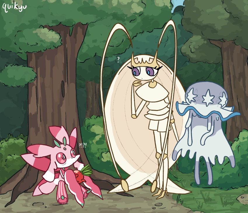 !?, 2girls, ?, antennae, arthropod_girl, arthropod_limbs, berry_(pokemon), blue_pupils
