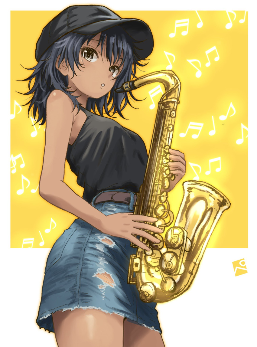 1girl, alternate_costume, andou_(girls_und_panzer), black_hair, black_hat, black_shirt, brown_eyes, feet_out_of_frame