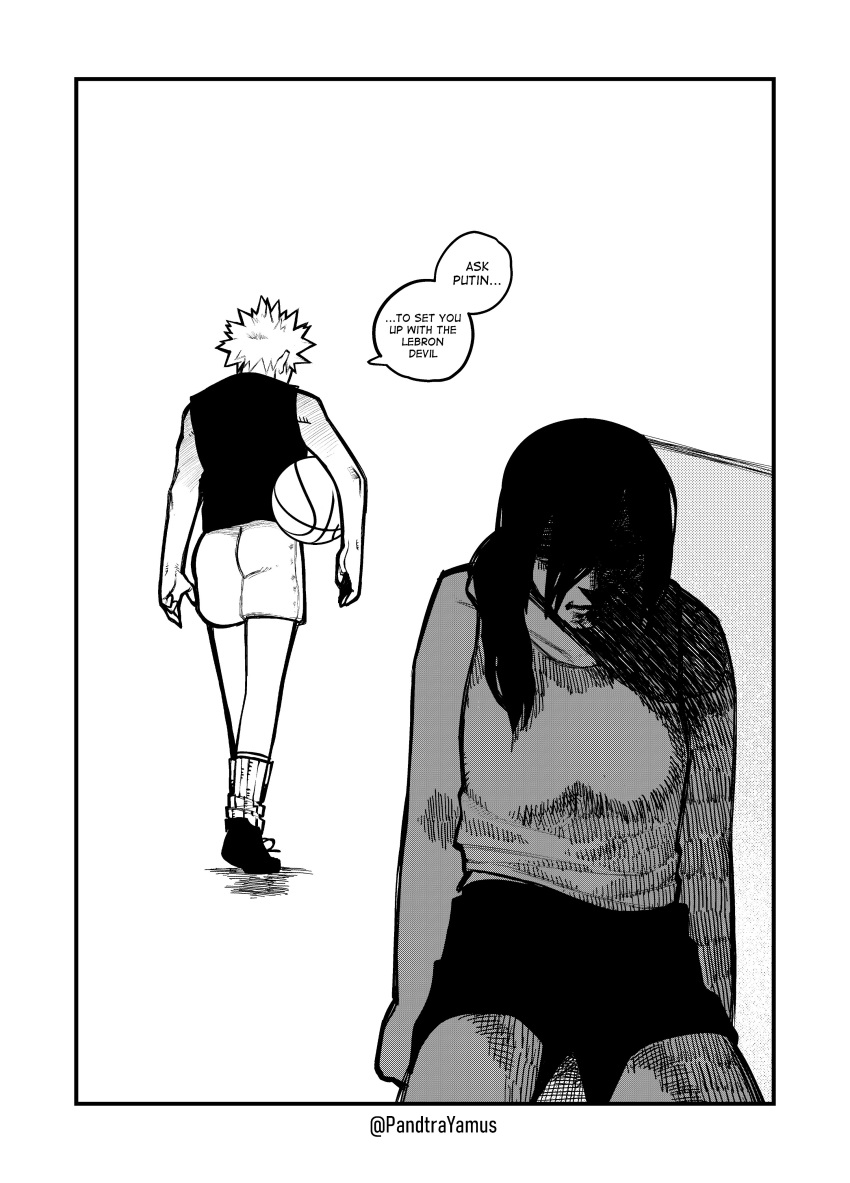 1boy, 1girl, absurdres, artist_name, bakugou_katsuki, ball, basketball_(object), boku_no_hero_academia, chainsaw_man, crossover, defeat, greyscale, hair_between_eyes, highres, kneeling, monochrome, pandtrayamus, ponytail, reze_(chainsaw_man), shaded_face, shirt, shorts, sleeveless, sleeveless_shirt, speech_bubble, spiky_hair, walking_away