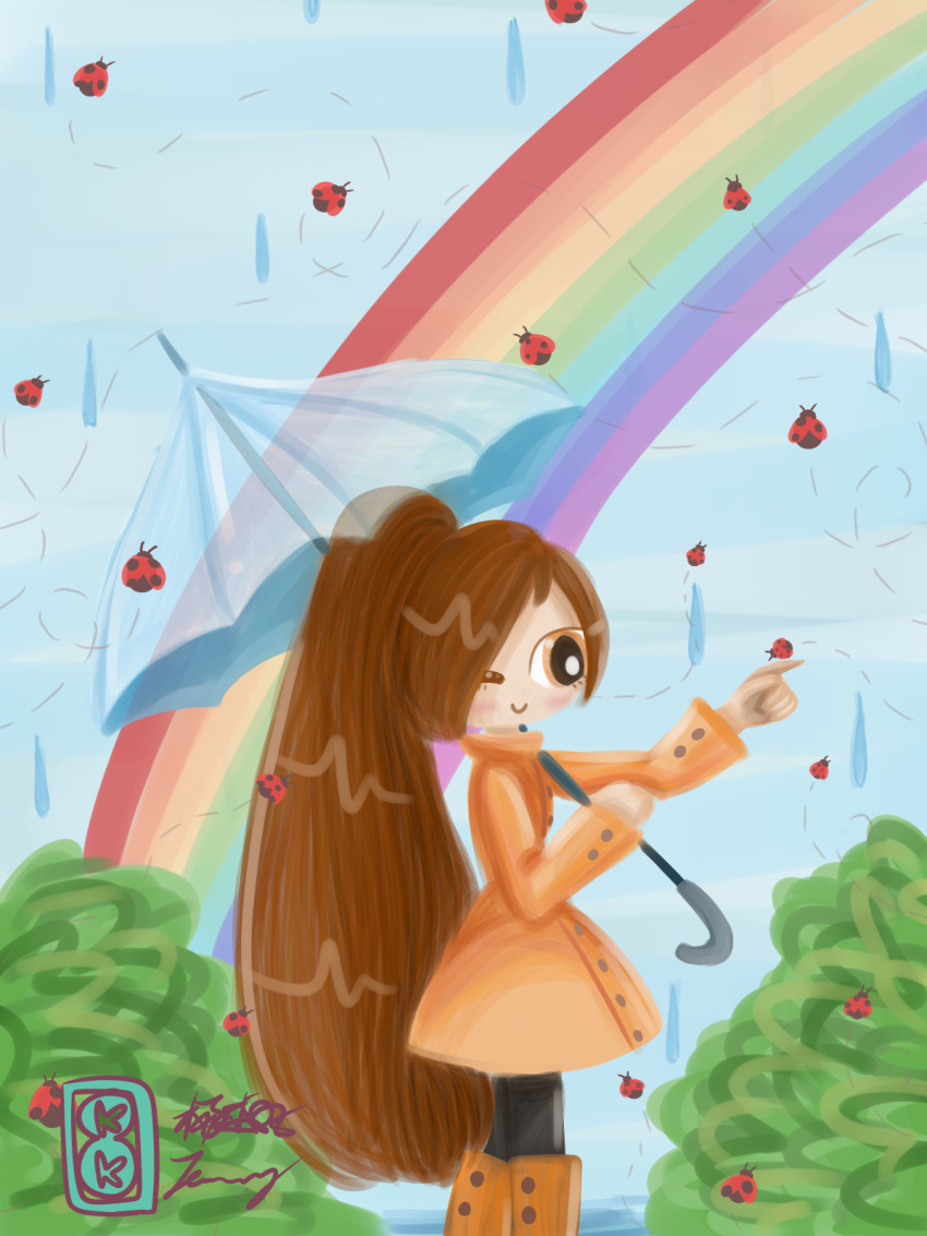 1girl, aged_up, black_pants, bliss_(kuku88), blue_background, blue_umbrella, boots, brown_hair