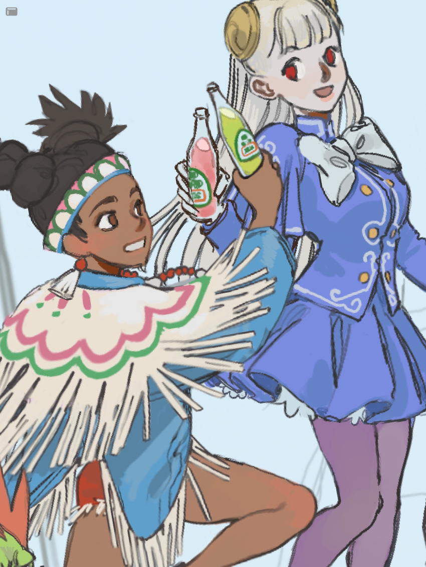 1boy, 2girls, alt_text, black_hair, blanka, blonde_hair, blue_jacket, blue_skirt