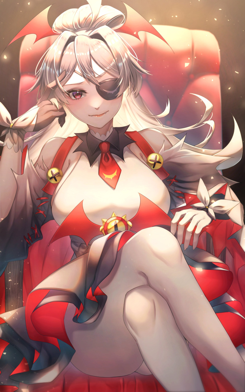 1girl, absurdres, ahoge, black_gloves, breasts, commentary, crossed_legs, demon_wings