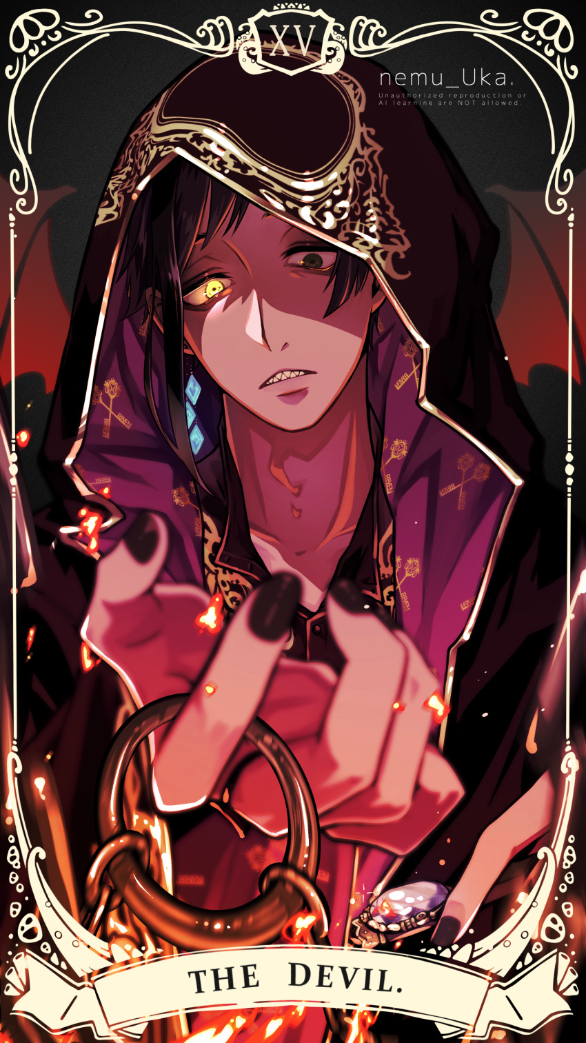 1boy, absurdres, black_background, black_hair, card_(medium), commentary_request, demon_wings, english_text
