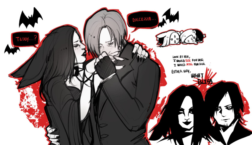 1boy, 1girl, animal_ears, closed_eyes, commentary, dog_ears, dog_girl, english_commentary, fingerless_gloves, gloves, hand_on_another's_shoulder, highres, holding_hands, jacket, kiss, kissing_hand, leon_s._kennedy, long_sleeves, multiple_views, oc_x_canon, original, partially_colored, penni_(zombiyh), resident_evil, short_hair, suit_jacket, vest, wide_sleeves, zombiyh