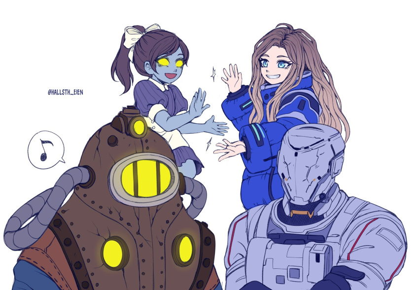 2boys, 2girls, :d, apron, armor, artist_name, bioshock_(series), bioshock_2