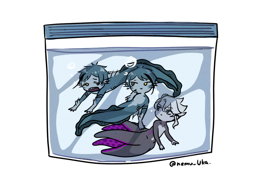 3boys, azul_ashengrotto, azul_ashengrotto_(octopus), blue_eyes, blue_hair, blue_skin, colored_skin, commentary_request
