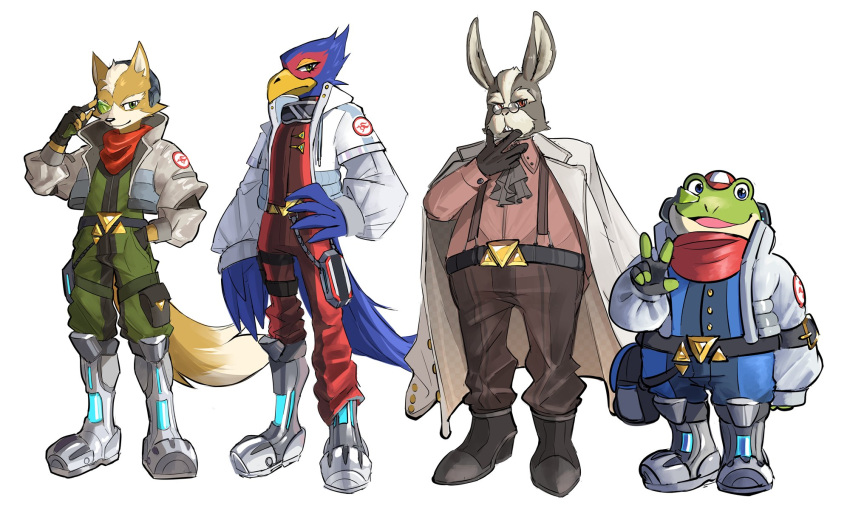 4boys, animal_ears, beak, bird_boy, bird_tail, blue_feathers, brown_fur, closed_mouth