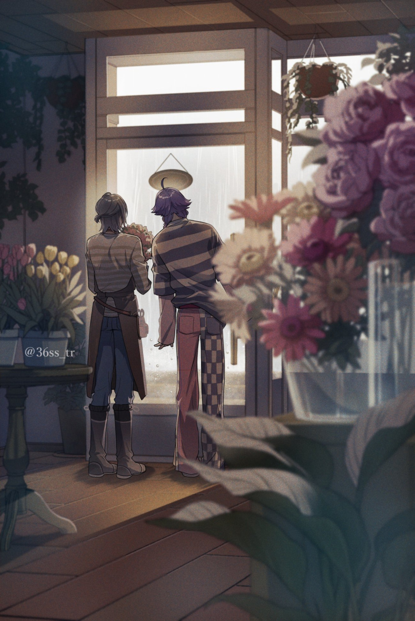 18trip, 2boys, 36ss_tr, ahoge, apron, bouquet, brown_apron, commentary