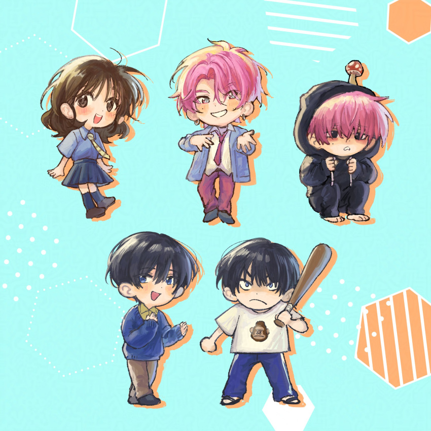 >:(, 1girl, 2boys, :d, aqua_background, barefoot, baseball_bat, black_eyes