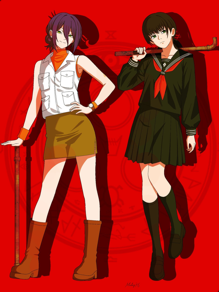 2girls, black_hair, black_serafuku, black_shoes, black_skirt, black_socks, boots, brown_boots