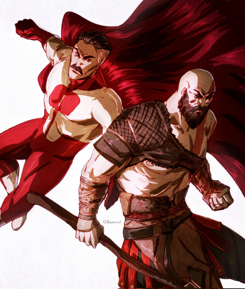 2boys, bald, beard, bodypaint, bodysuit, braid, braided_beard, facial_hair