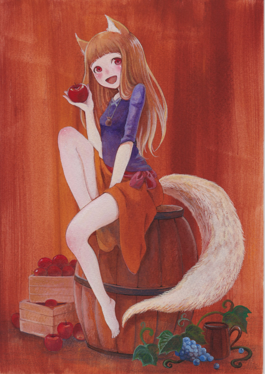 1girl, :d, absurdres, animal_ear_fluff, animal_ears, apple, barefoot, barrel